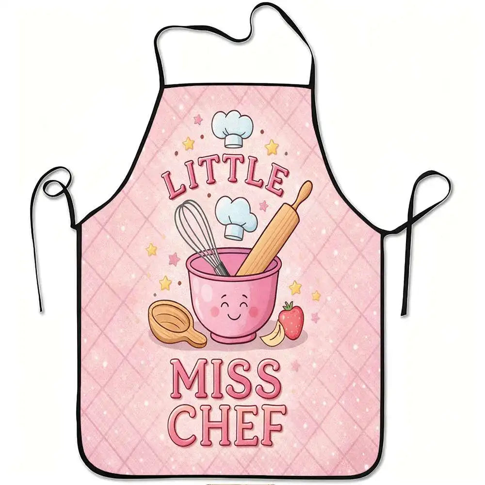 Little Miss Chef Kids Apron - Cute Baking Cooking Pattern with Chef Hat Rolling Pin Bowl Kitchen Bib for Girls Children