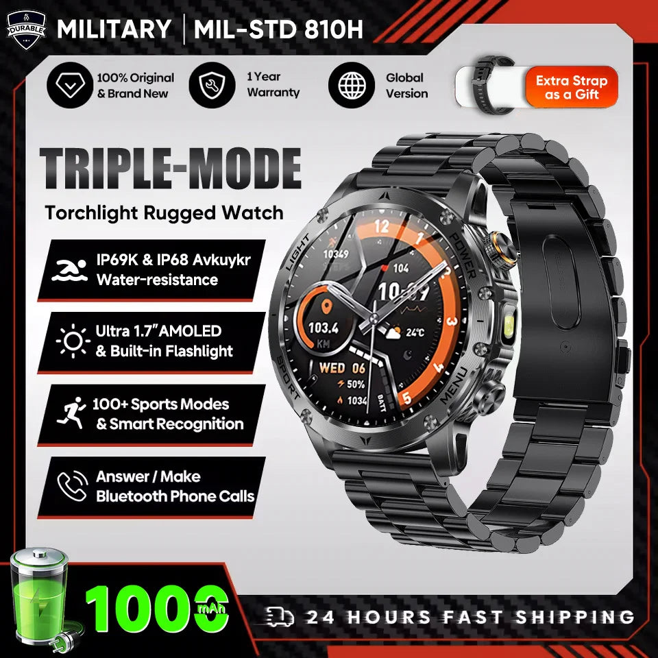 2025 New Military Grade Men 1000mAh Super Large Battery Smart Watch GPS 3ATM Waterproof Bluetooth Call Sports Fitness Smartwatch