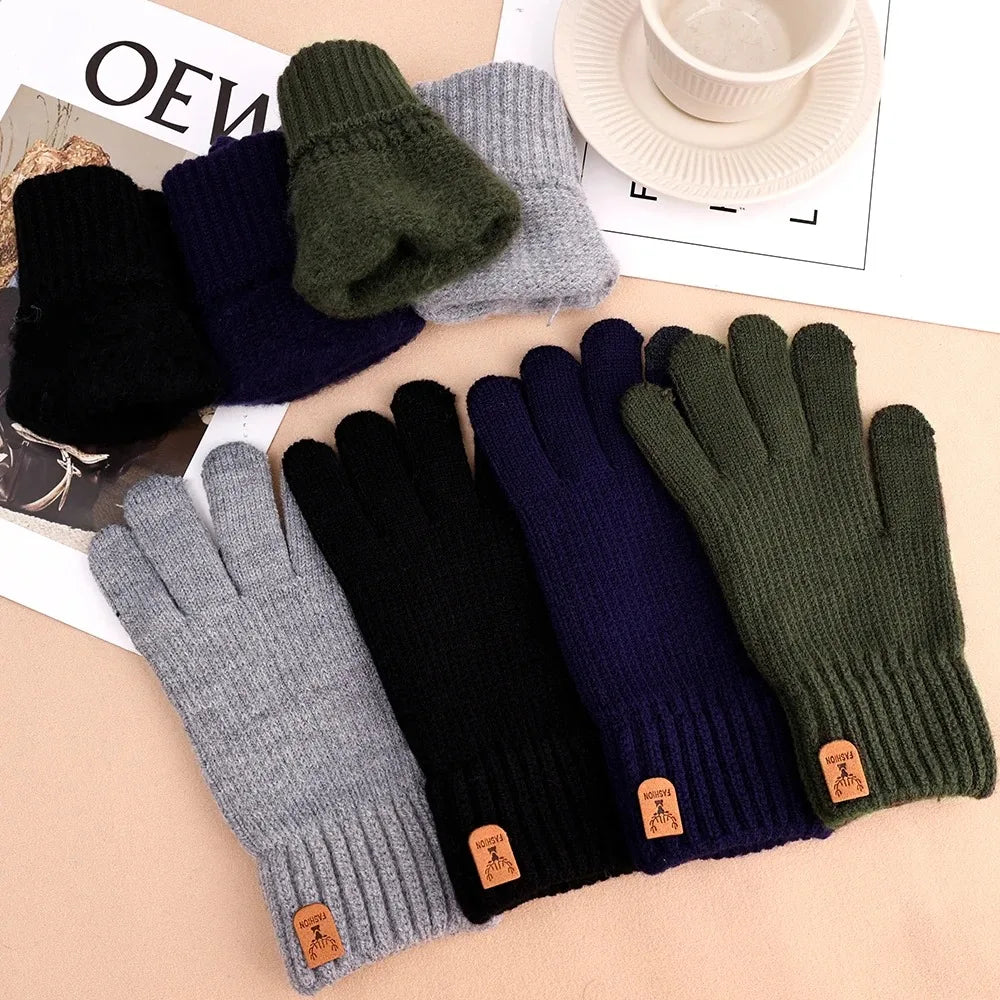 New Men's Warm Full Finger Gloves Winter Touchscreen Plus Fleece Gloves Men Women Thickening Wool Knitted Cycling Driving Gloves
