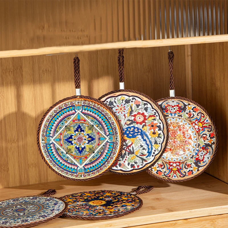 HeMu Bohemian Style Ceramic Pot Holders,Mandala Pattern Heat Resistant Trivets,Hanging Kitchen Coasters with Rope for Hot Dishes