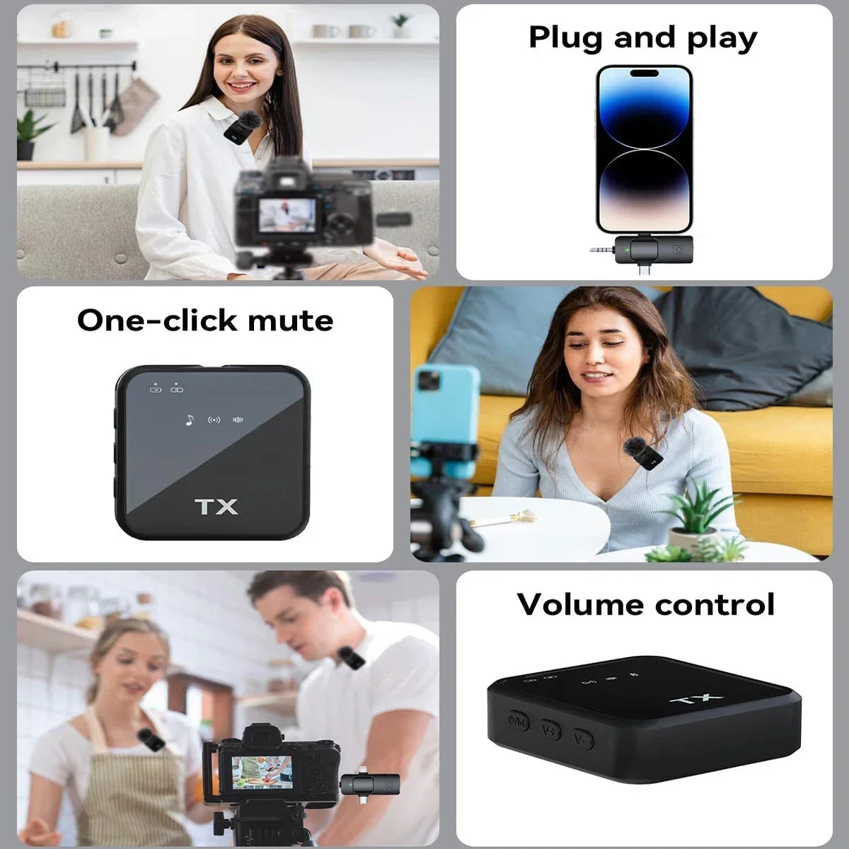 3in1 Microphone for iPhone/Android, Wireless, 328ft Transmission, Mini Microphone for Record Interview