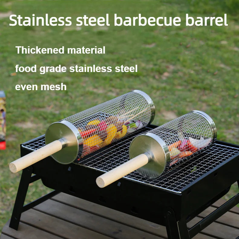 Wooden handle rolling barbecue cage, outdoor BBQ grill basket, 304 stainless steel barbecue tube, barbecue net,Free shipping