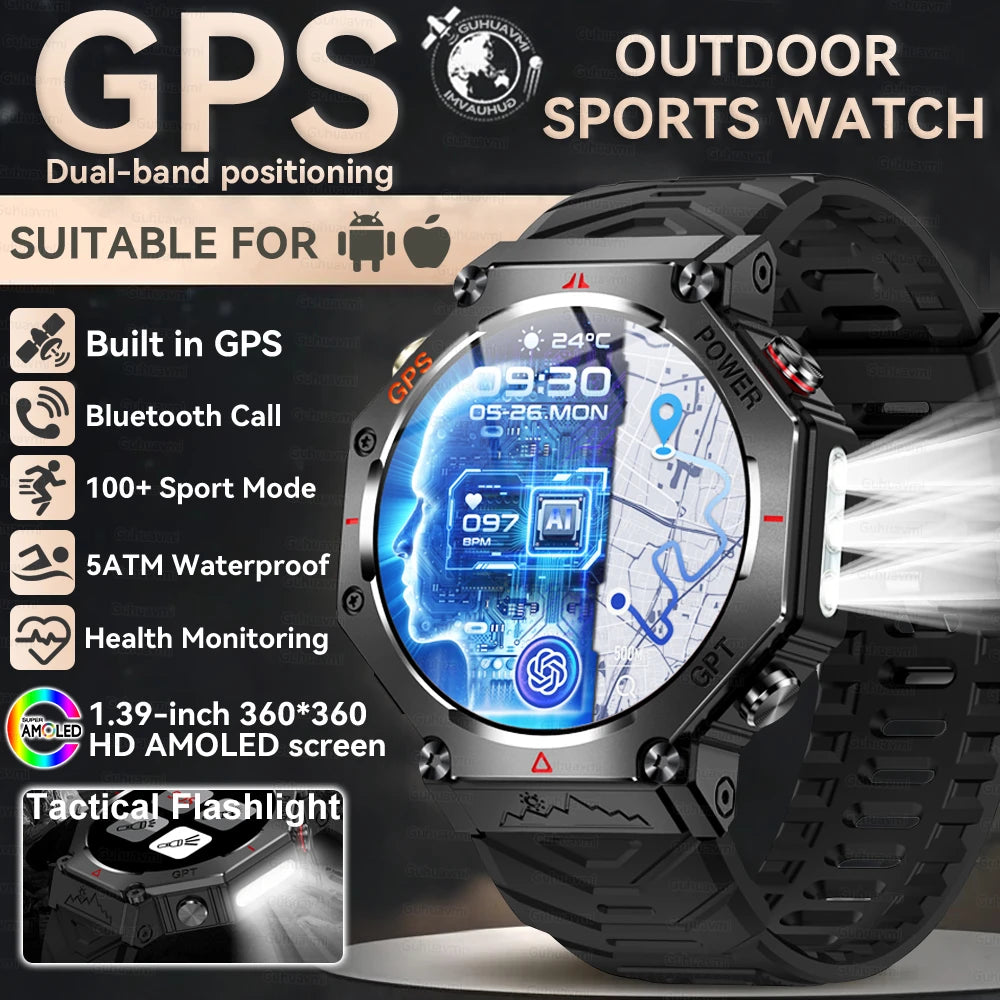 2026 New GPS Smart Watch Built-in Dual-band GNSS 10ATM&IP69K Waterproof AMOLED Compass Original Military Flashlight Smartwatches