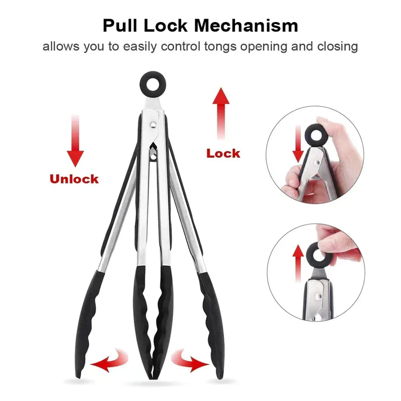 Anti Slip Cooking Serving Tongs Stainless Steel Food Clip Bread Salad Tong Heat-Resistant Barbecue Clips Kitchen Cooking Tool