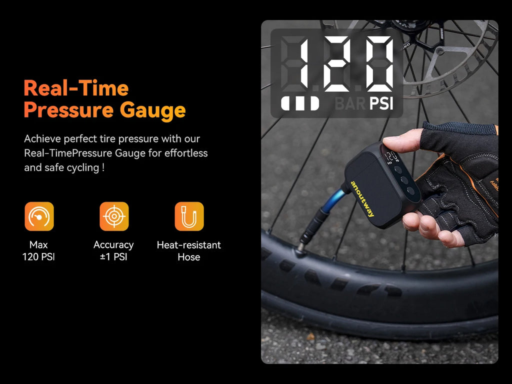 anoutway AT1 Pro Mini Electric pump for Bike Cordless Tire Inflator with Screen 25 Mins Fast Charging 120PSI Max 450mAh Battery