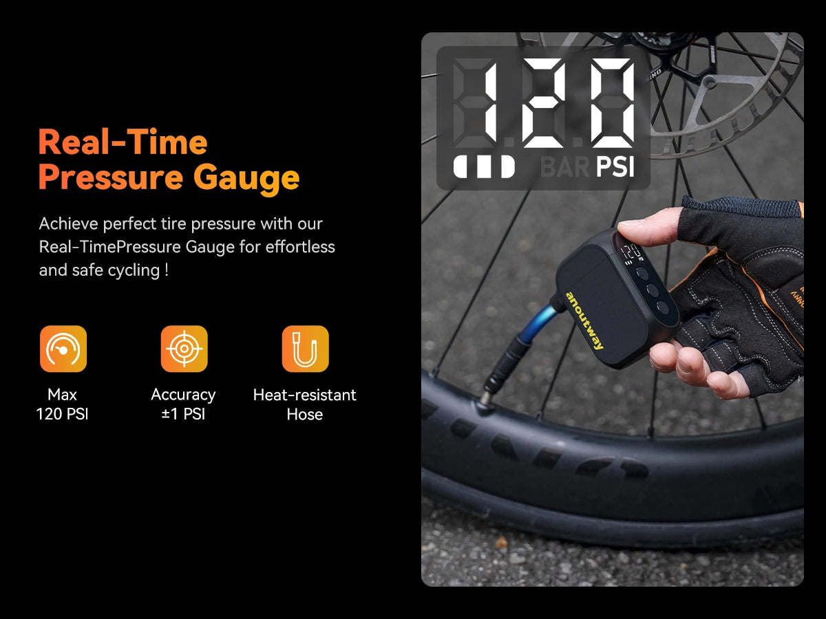 anoutway AT1 Pro Mini Electric pump for Bike Cordless Tire Inflator with Screen 25 Mins Fast Charging 120PSI Max 450mAh Battery