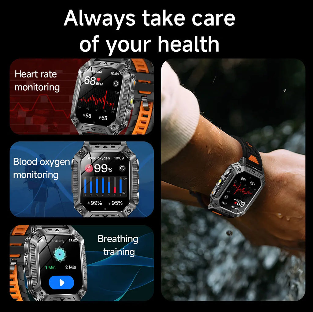 2026 Outdoors Durable Men Sports Smart Watch 1400mAh Battery LED Flashlight IP69K Waterproof Bluetooth Call Military Smartwatchs