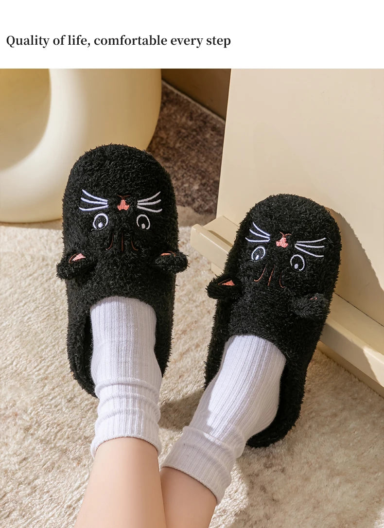 Cute Cat Design Plush Ladies Slippers Autumn And Winter Indoor Floor Non-Slip Soft Bottom Comfortable Warm Home Shoes for Unisex