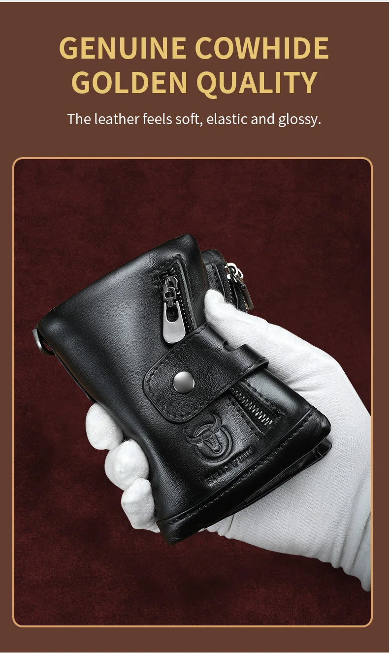 Bullcaptain Genuine Leather Men's Wallet Fashion Quality Travel Purse Rfid Protect Credit Card Holder Wollst for Men with Chain