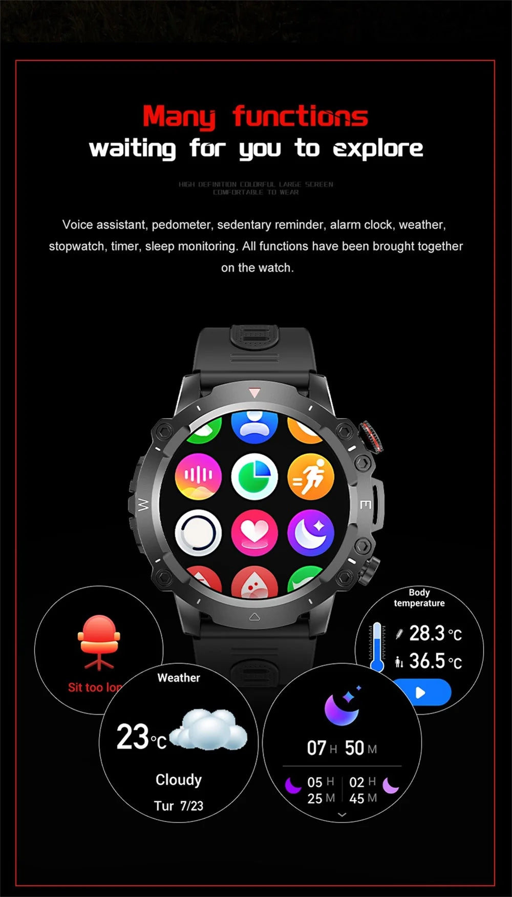 New Outdoor Sports Fitness Smart Watch Heat Rate Sleep Health Clock Waterproof Voice Assistant Alarm Clock Music Smartwatch