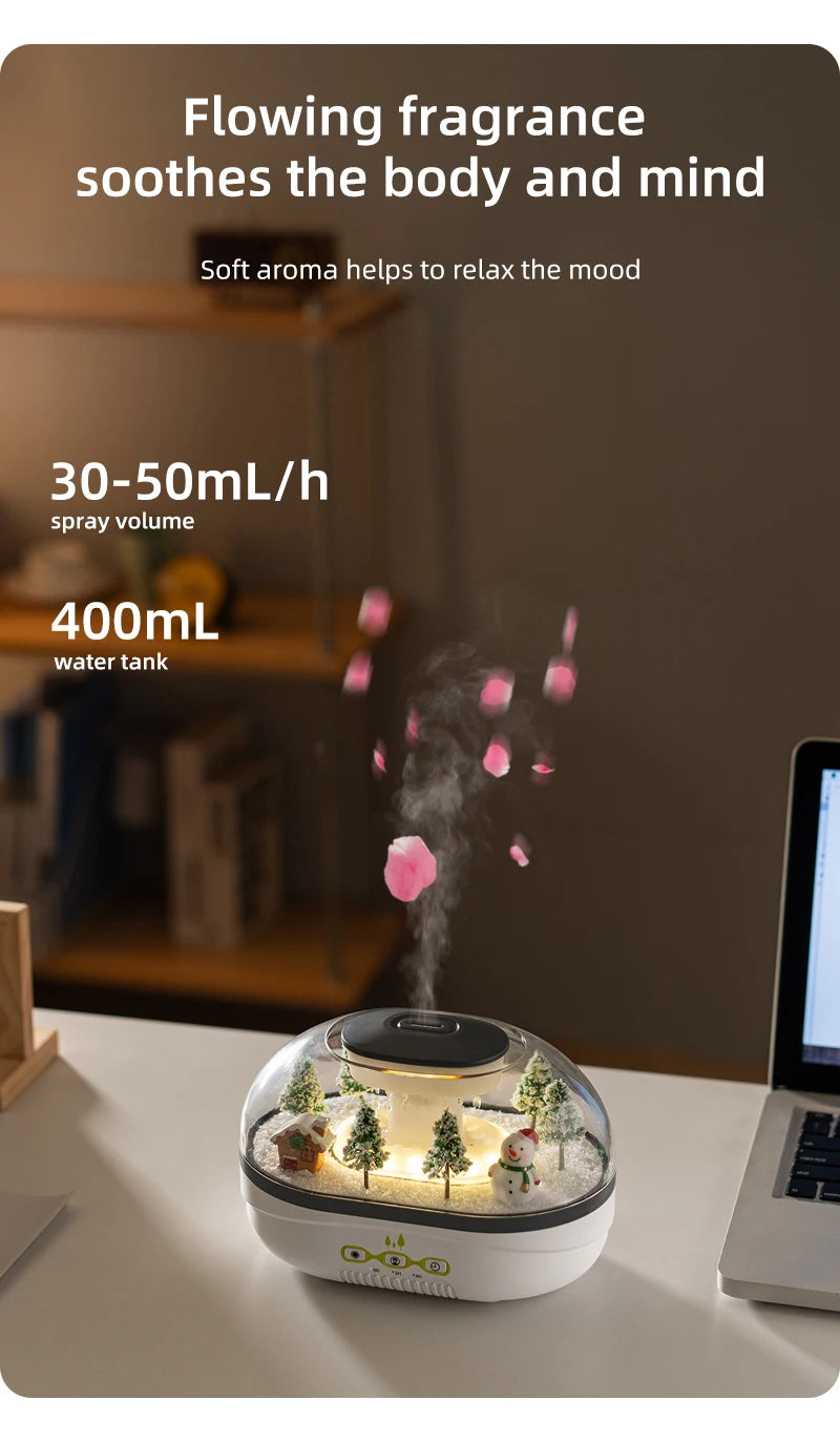Snowman Landscape Aroma Humidifier with Colorful Light Essential Oil Diffuser Ultrasonic Raindrop Air Humidifier for Home Office