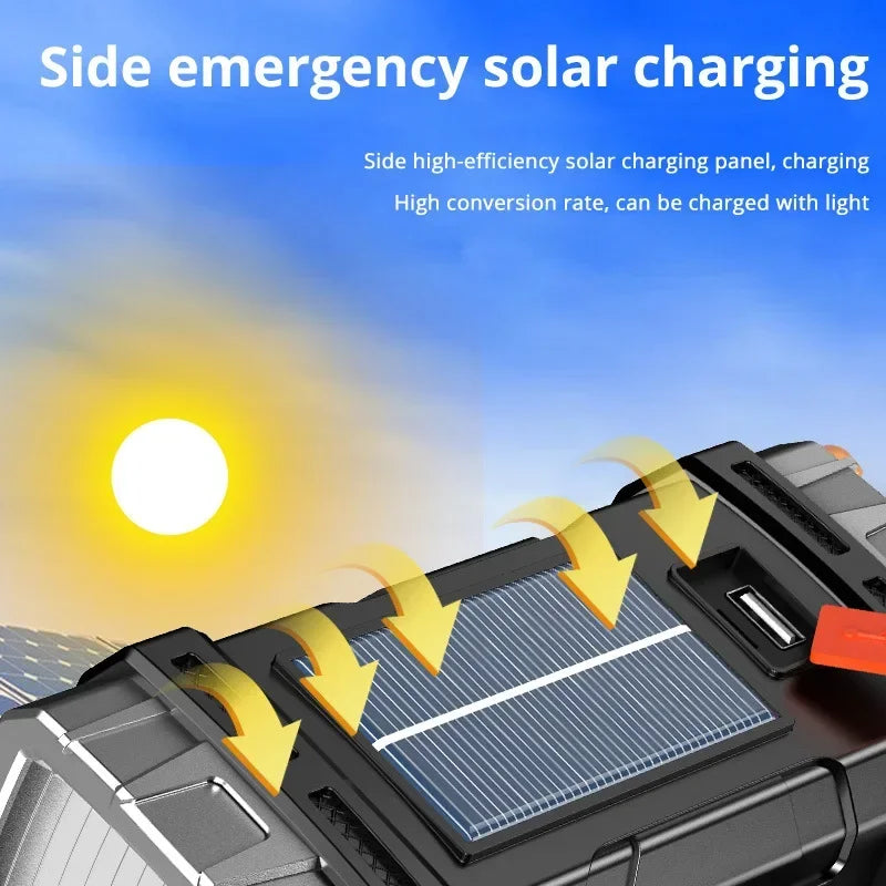 2024 Powerful LED Flashlight USB+Solar Rechargeable Flashlight COB Outdoor Camping Torch Portable Searchlight Power Bank Outdoor
