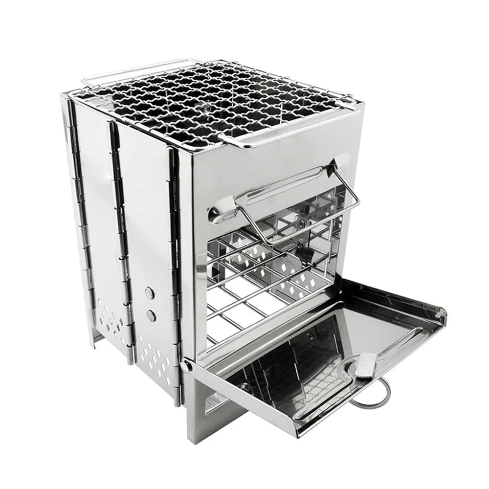 Square Wood Burning Camping Stove Outdoor Survival BBQ Mini Grill BBQ Outdoor Camping Firewood Folding BBQ Picnic Stove