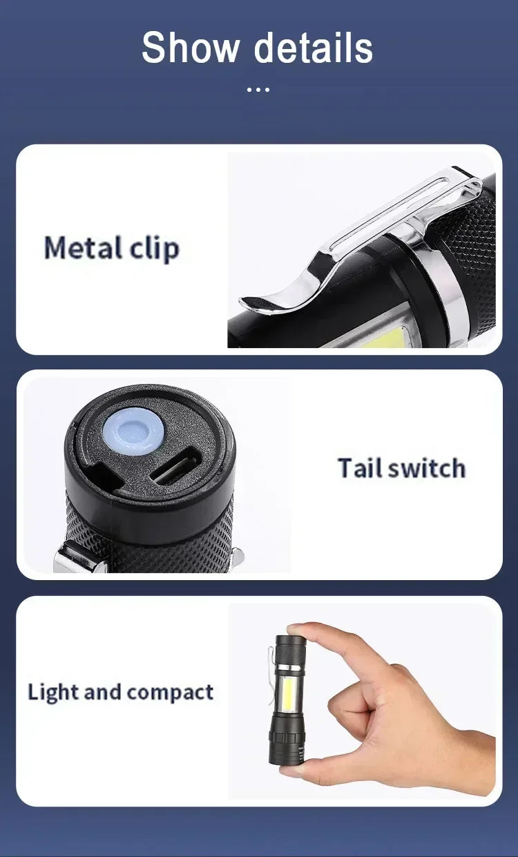 Mini LED Flashlight with Pen Clip Zoomable USB Rechargeable Portable Torch with Side Lights Outdoor Camping Emergency Lantern