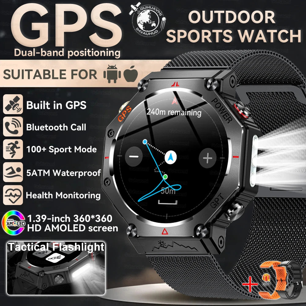 2026 New GPS Smart Watch Built-in Dual-band GNSS 10ATM&IP69K Waterproof AMOLED Compass Original Military Flashlight Smartwatches
