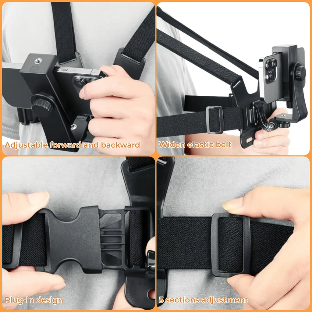 Adjustable Headband And Chest Band Shooting Stand for Mobile Phones And Action Cameras Compatible with GoPro DJI And More