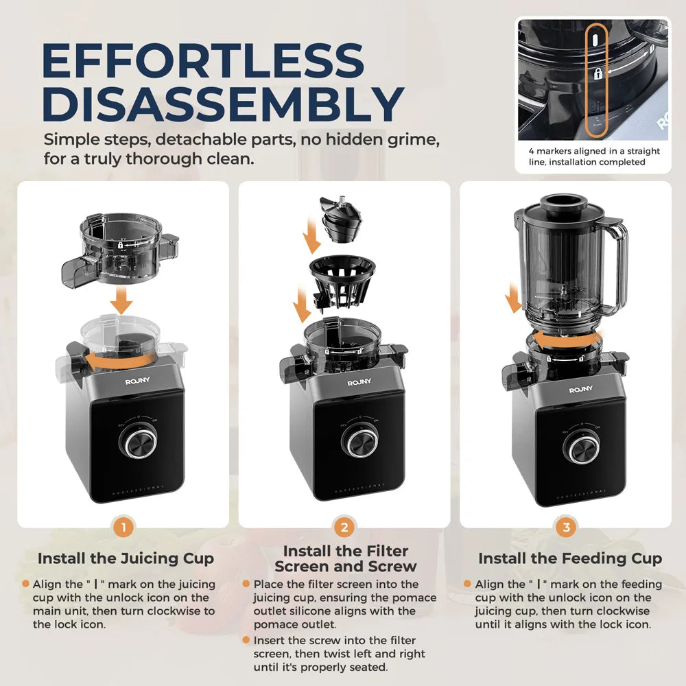 ROUNY Slow Juicer, Cold Press Extractor with Filter-Free, Easy Clean Electric Fruit Juicer Machine with Large Caliber,  Black
