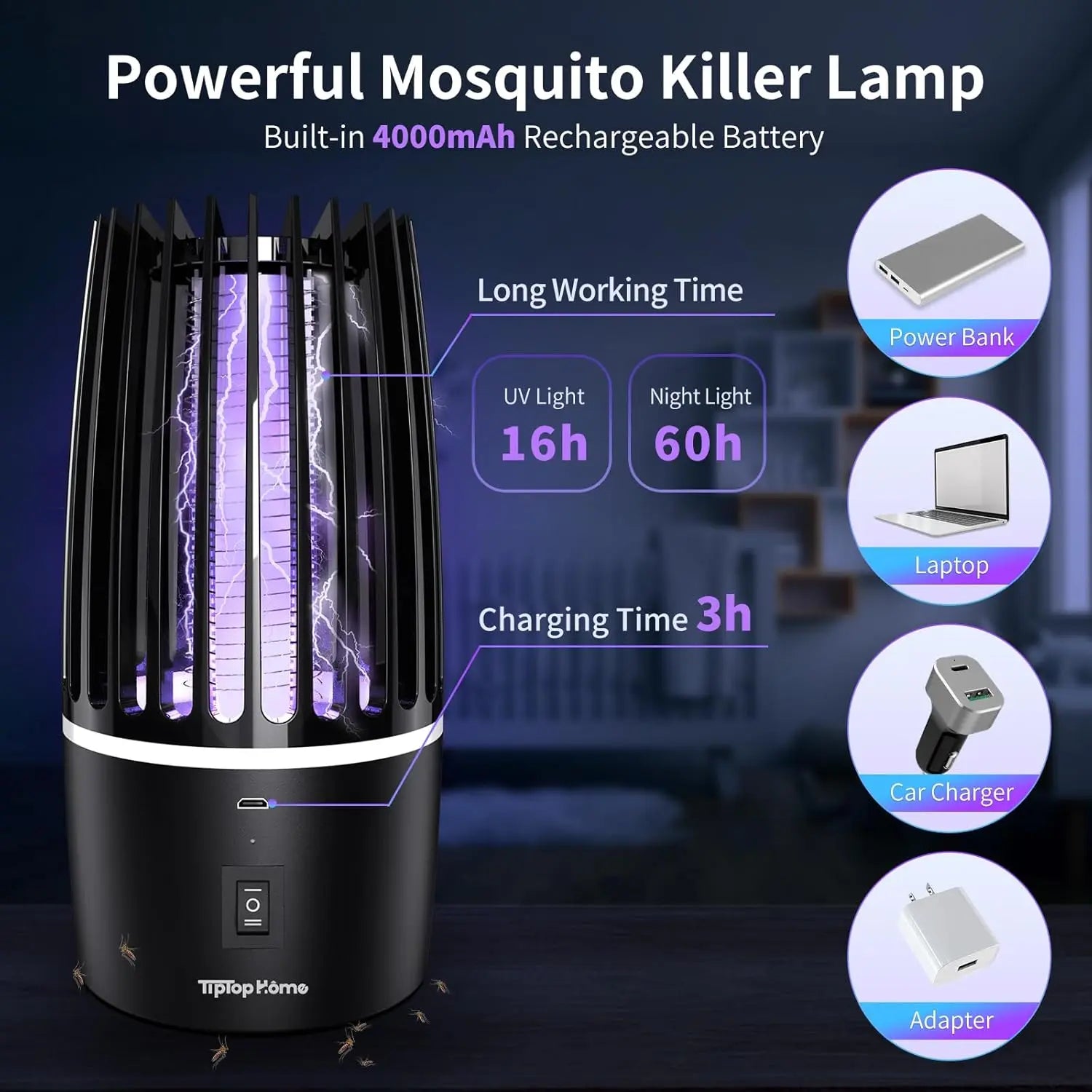 2 in 1 Electric Fly Catcher USB Rechargeable Portable Bug Zapper with Night Light 360° Attract for Indoor Outdoor Trip Camping