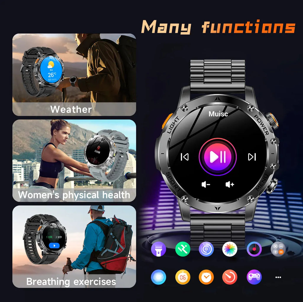 2026 New Military Smart Watch 1000Mah Battery Fitness Tracking 10ATM Waterproof Tactics Sport Flashlight call Bracelet For Men