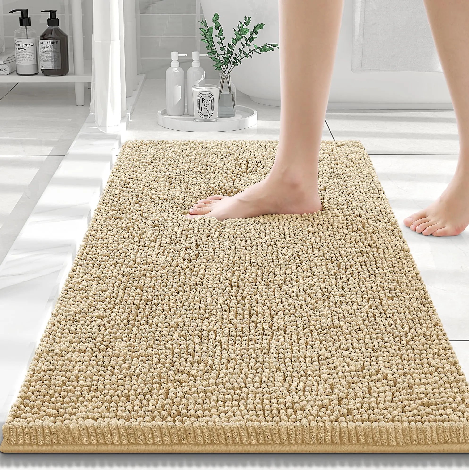 Olanly Chenille Bath Mat Fashion Non-Slips Soft Fluffy Bath Mats For Bathroom Super Absorbent Floor Mats Washable Bathroom Mat