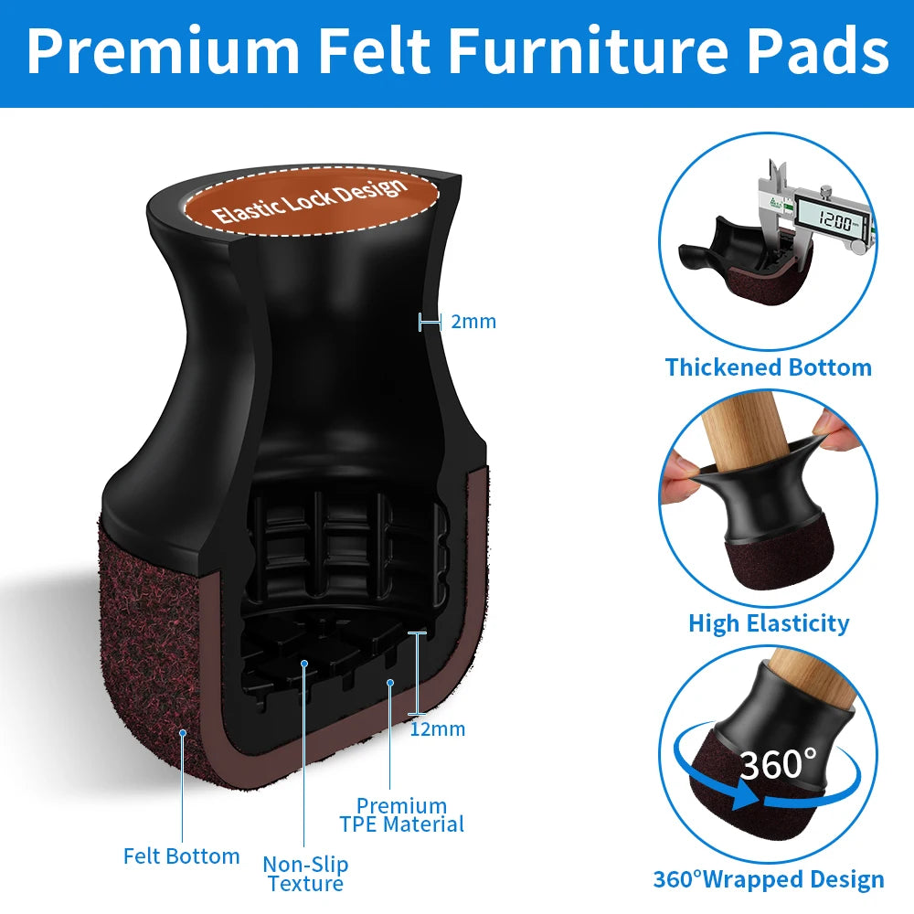 16PCS Chair Leg Protectors Silicone Chair Leg Covers with Thickened W/ Wrapped Felt Bottom Anti-Scratch for Hardwood Floors