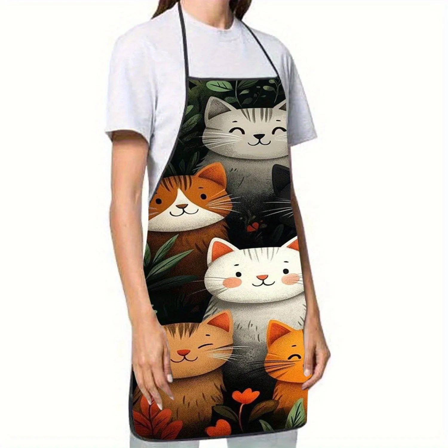 Cute Cat Pattern Polyester Apron  Vibrant Cartoon Cats with Hearts & Stars DesignKitchen Apron for Cooking, Baking Home Decor