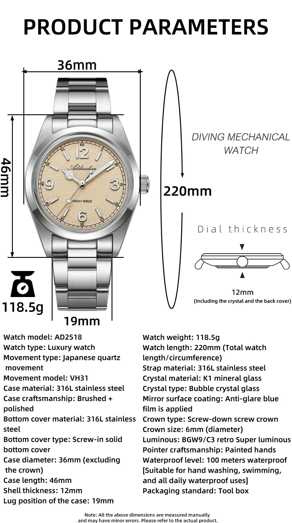 ADDIESDIVE New VH31 Quartz Watches Bubble Glass Retro Elegant WristWatch BGW9/C3 Luminous Waterproof 10Bar Men's Watch AD2518