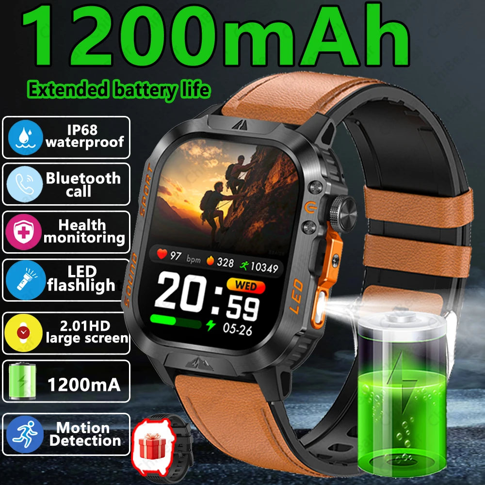 2026 New Outdoor Military Smart Watch 1200mAh Battery GPS HD Call Health Monitoring 2.01-inch Waterproof Sports Smartwatch Men