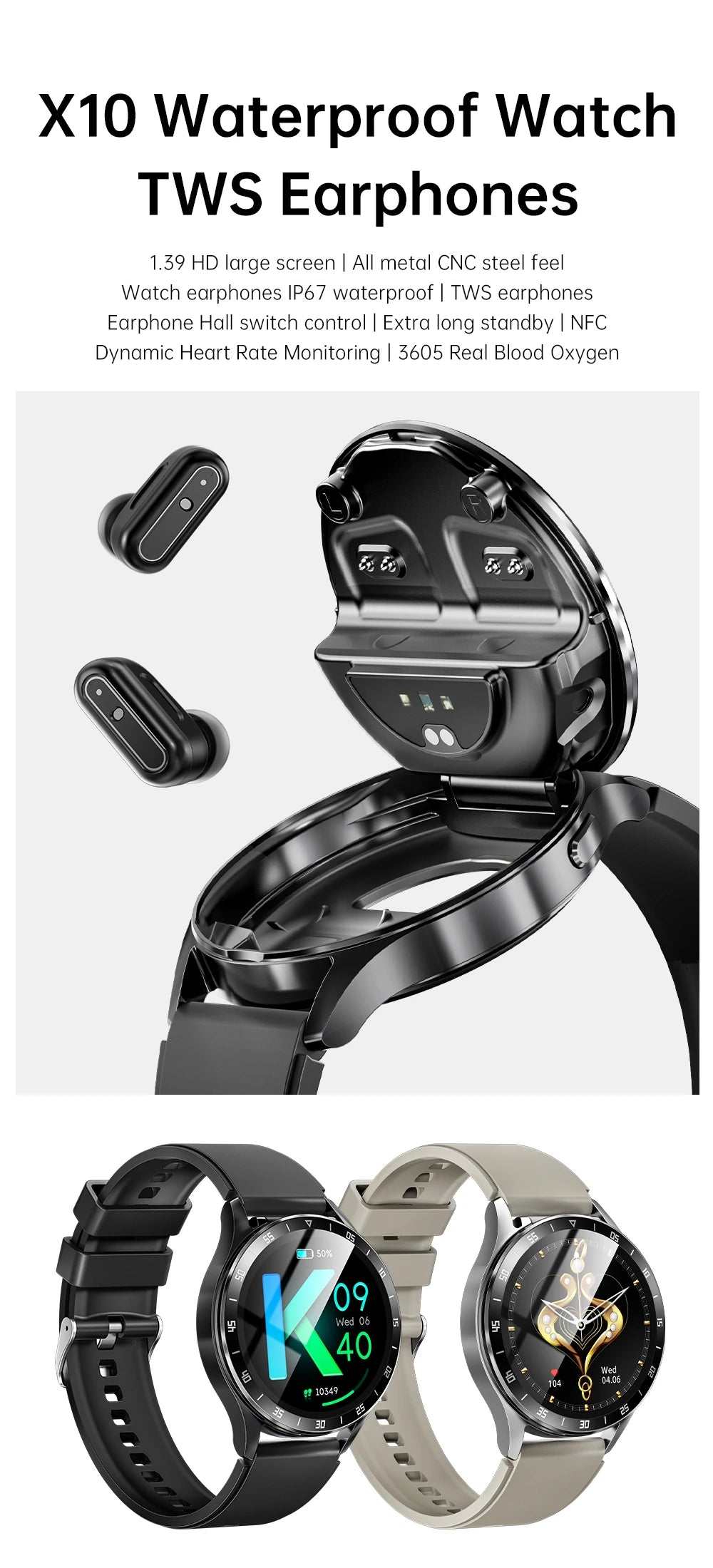 X10 2 in 1 Smart Watch With Earbuds Smartwatch TWS Bluetooth Earphone Heart Rate Blood Pressure Monitor Sport Watch Fitness Watc