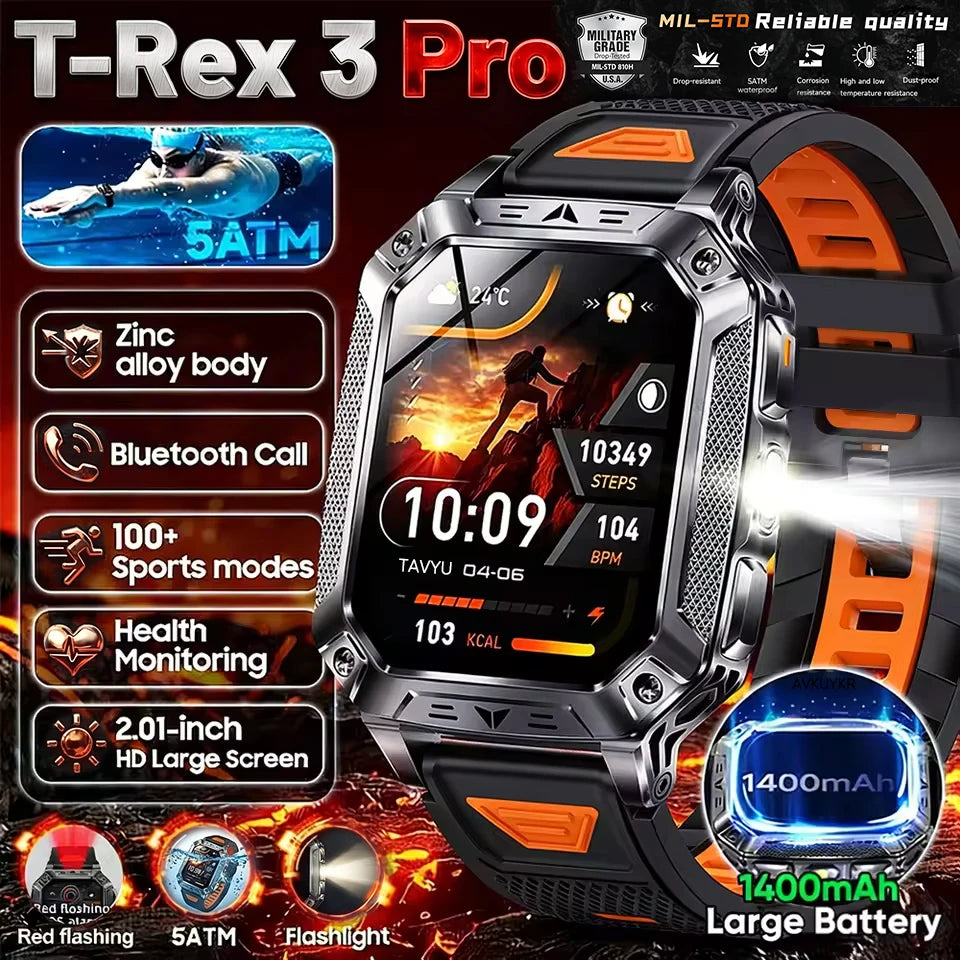2026 Military 5ATM Waterproof Smart Watch Men 1400mAh Battery GPS Tracks 2.01" HD AMOLED Bluetooth call Sport Fitness Smartwatch