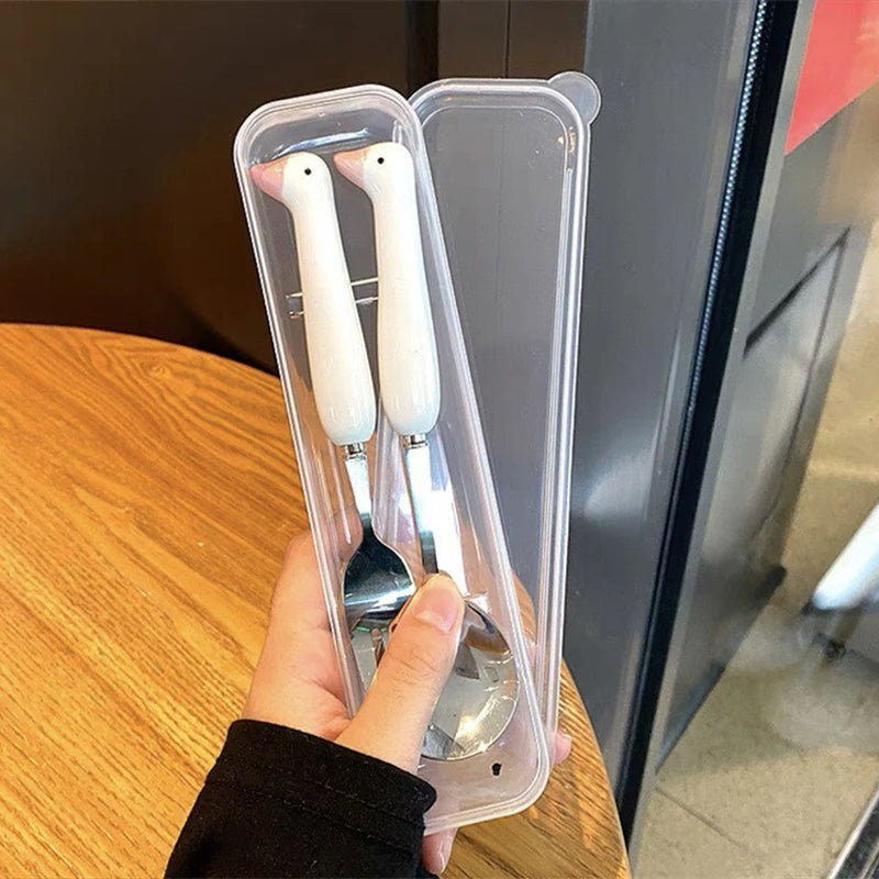 Children Cartoon Animals Cutlery Stainless Steel Spoon Fork Set Portable Outdoor Lunch Tableware with Box Kitchen Accessories