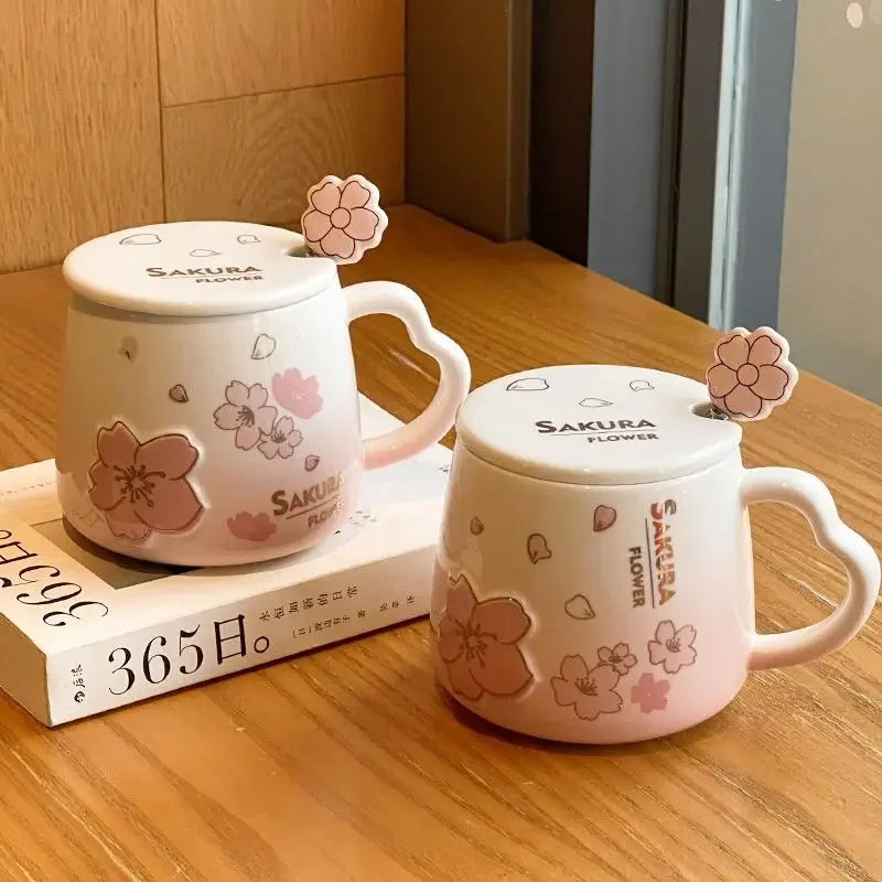 New High Beauty Mug with Lid Spoon Sakura Powder Household Lovely Breakfast Lovers Milk Coffee Mug Ceramic Mug