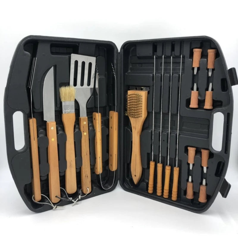 Barbecue Tool Combination Set Wooden Handle Stainless Steel Material Barbecue Tools Portable Suitcase BBQ 18PCS Tool Suit