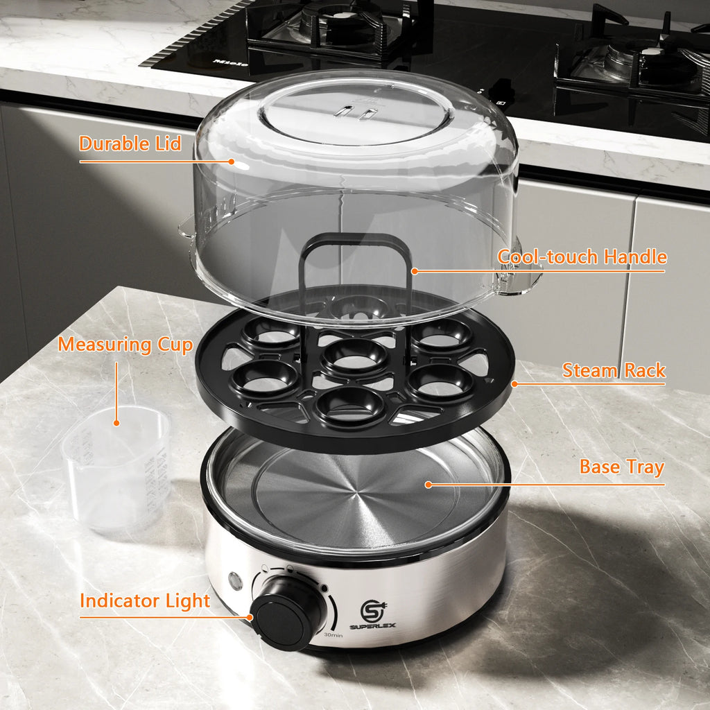 SUPERLEX 400W Power Eggs Cooker 7-Egg Capacity Dial Control Smart Shut-Off Reminder Rapid Egg Boiler Easy to Clean and Safer New