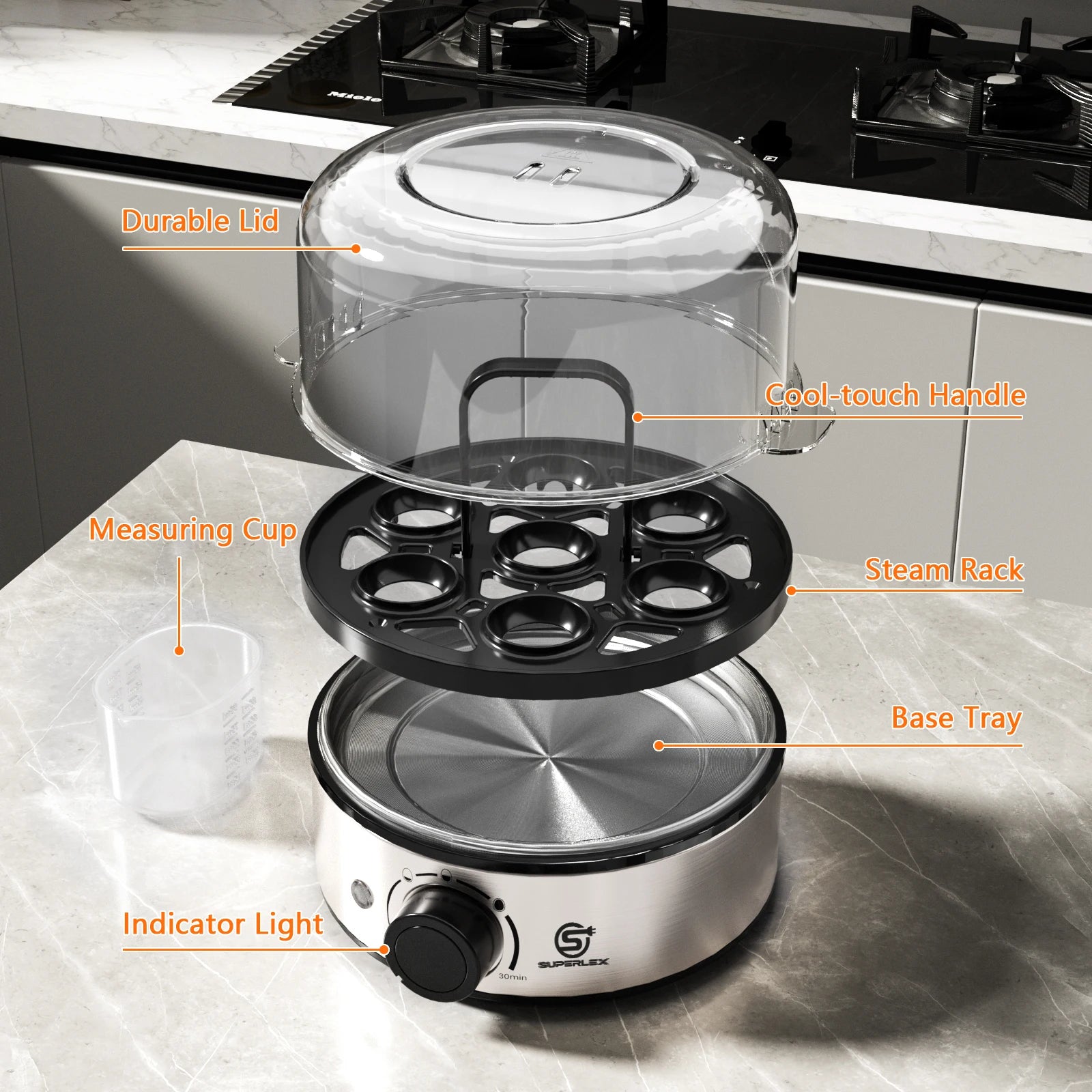 SUPERLEX 400W Power Eggs Cooker 7-Egg Capacity Dial Control Smart Shut-Off Reminder Rapid Egg Boiler Easy to Clean and Safer New