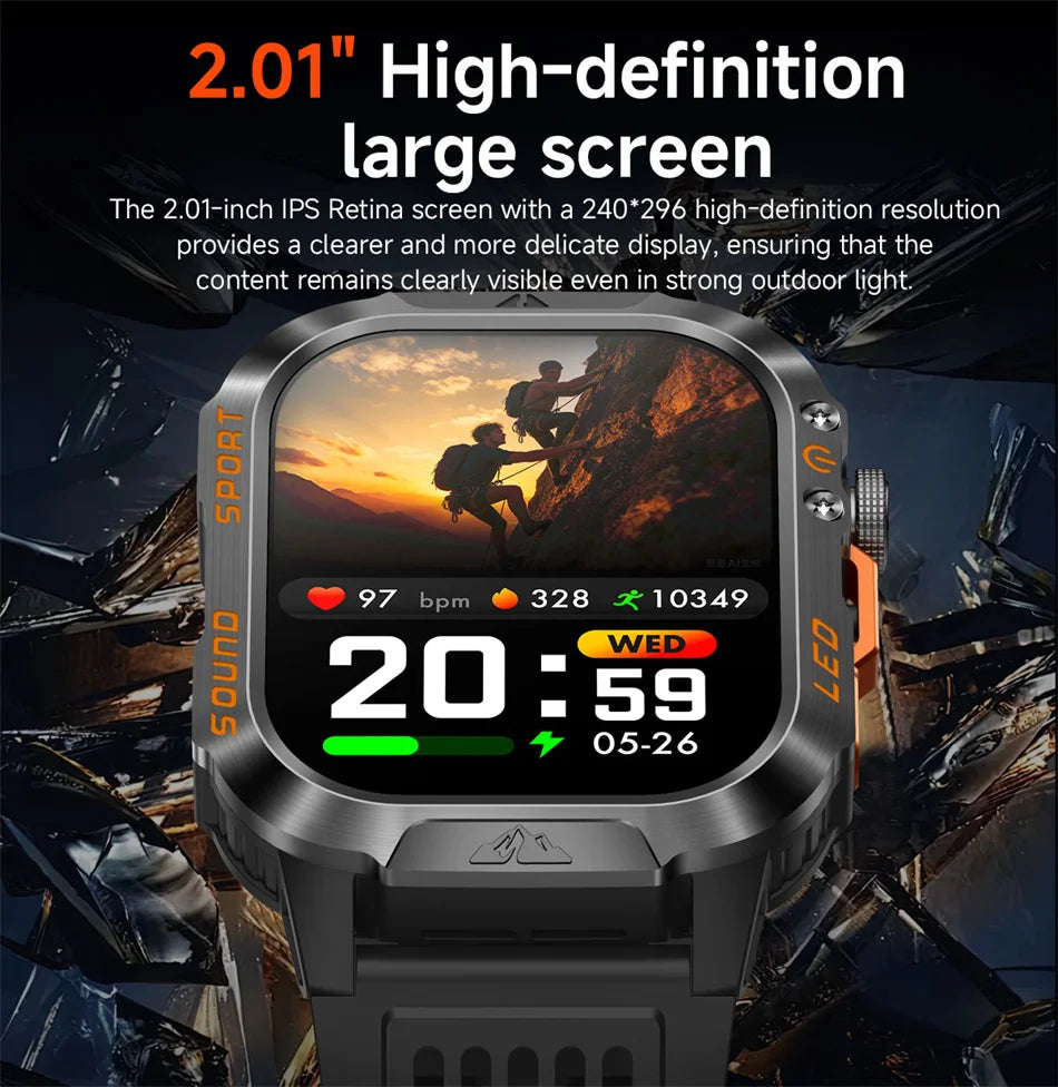 2026 New Outdoor Military Smart Watch 1200mAh Battery GPS HD Call Health Monitoring 2.01-inch Waterproof Sports Smartwatch Men