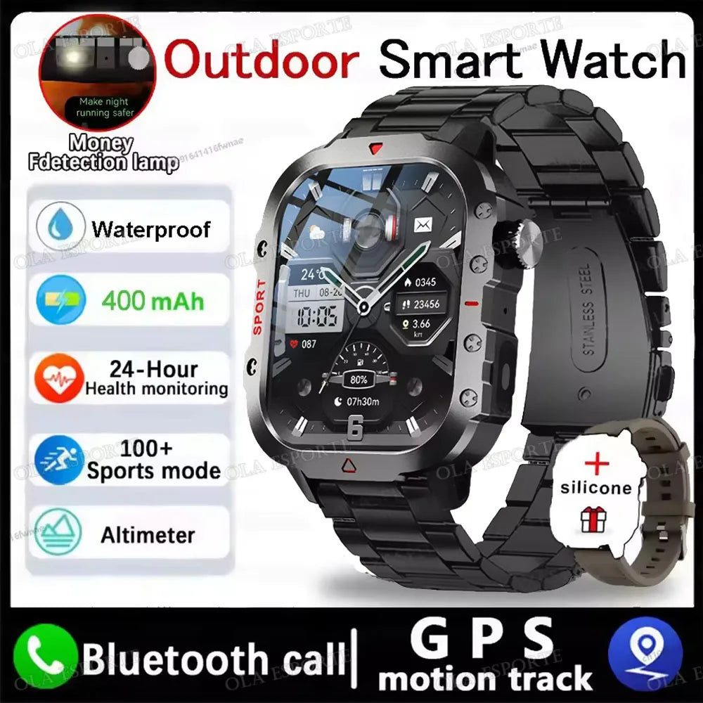 2026 New Military-grade Smart Watch Men GPS Flashlight 3ATM Waterproof Watch Bluetooth Call 100+Sport Outdoor Smartwatch Pk HW12
