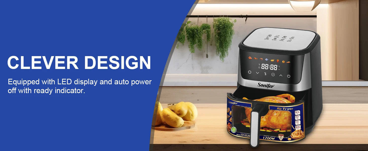 8.5L Air Fryer –LED Display & Touch Control, Large Size, Visible Window, Adjustable Temperature, Auto Shut-Off, 1700W