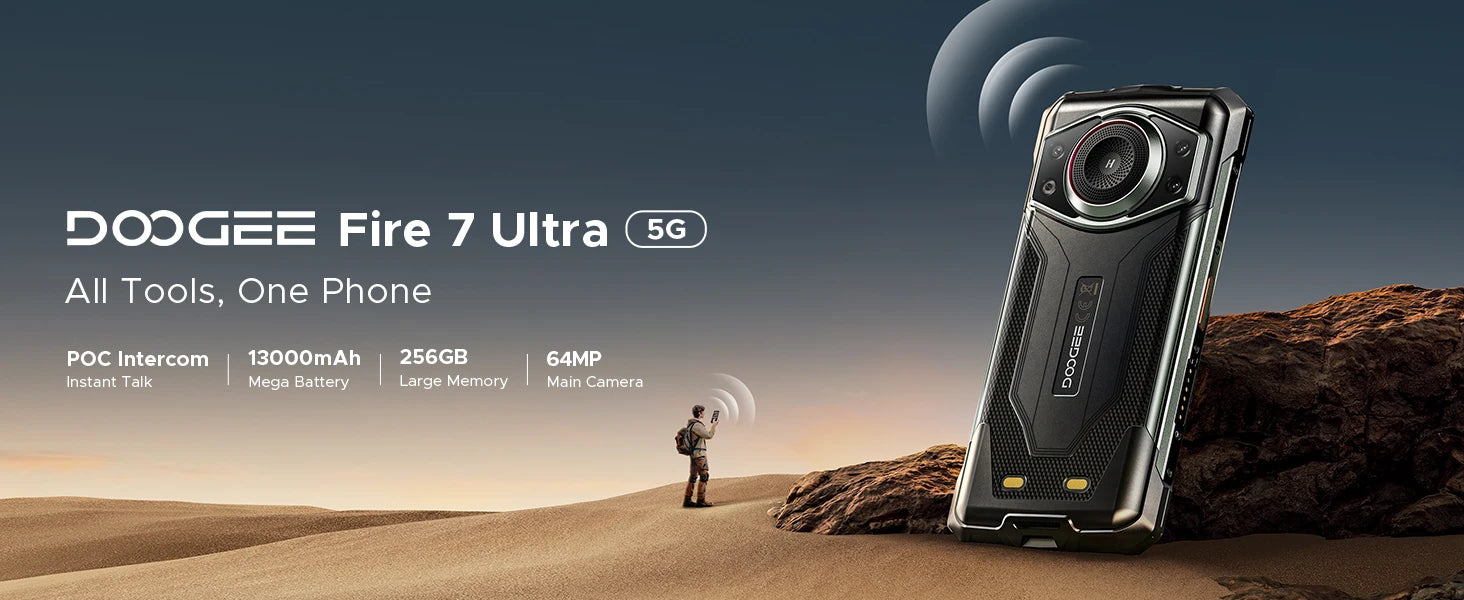 DOOGEE Fire 7 Ultra 5G Rugged Phone 125dB Speaker 13000mAh Battery Support POC 6.6'' Screen 8GB 256GB Android 15 Smartphone