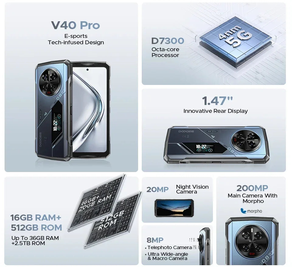 DOOGEE V40 Pro Rugged Phone 6.78" IPS Display  36GB(16+20) 512GB Smartphone 5G 200MP Al Camera 8680mAh Dimensity 7300 Android 14