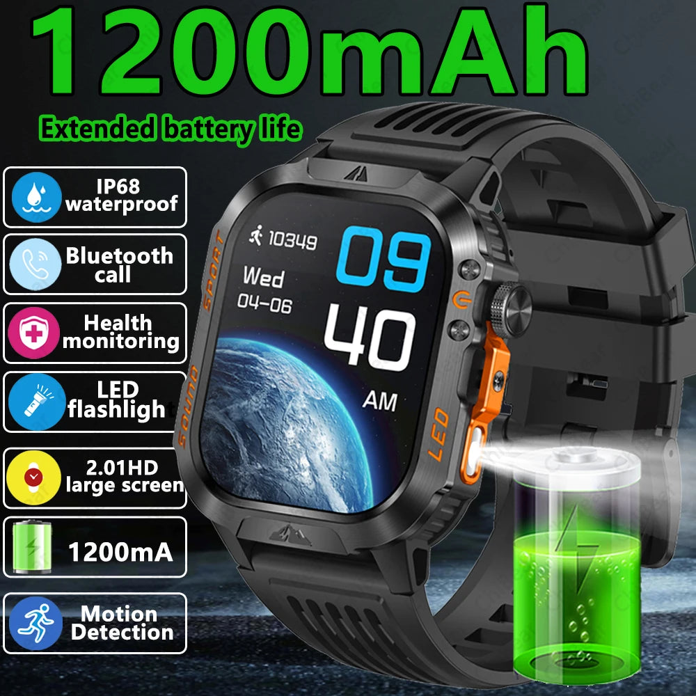 2026 New Outdoor Military Smart Watch 1200mAh Battery GPS HD Call Health Monitoring 2.01-inch Waterproof Sports Smartwatch Men