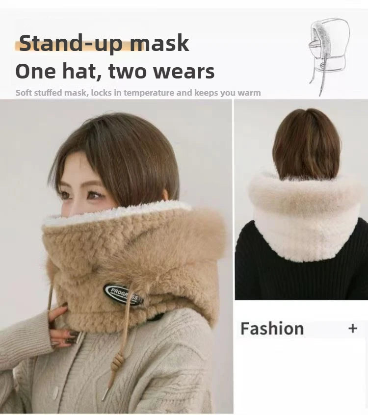 Autumn and Winter Women Thermal Plush Hat Hood Scarf and Mask Ear Protection Windproof Thick Design for Riding Outdoor