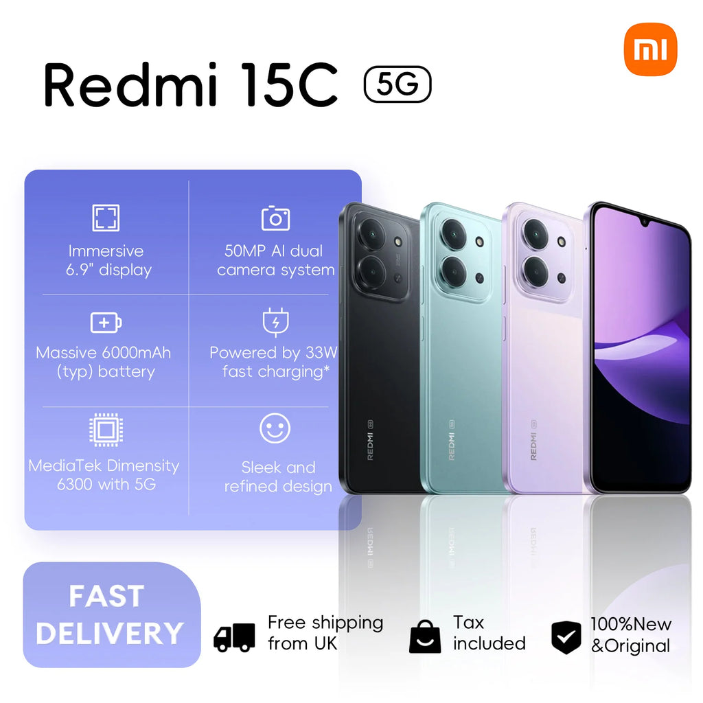 Xiaomi Redmi 15C 5G 4+128GB Global Version 6nm MediaTek Dimensity 6300 processor 120Hz 6.9“ Dot Drop Display 50MP 6000mAh 33W