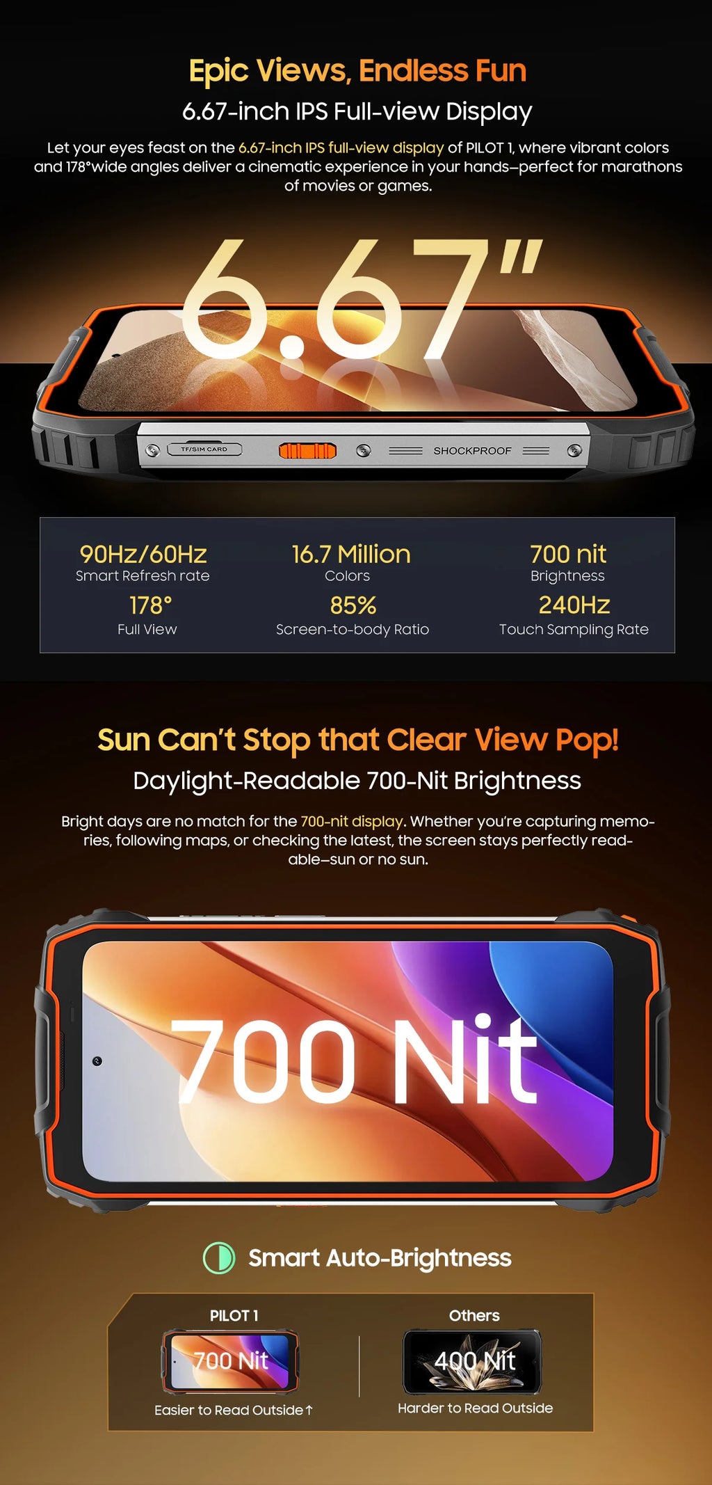 Blackview OSCAL PILOT 1 Rugged Phone 6.67" 90Hz IPS Display 6GB+256GB Android 14 Outdoor Smartphone with LED Flashlight GPS/NPC