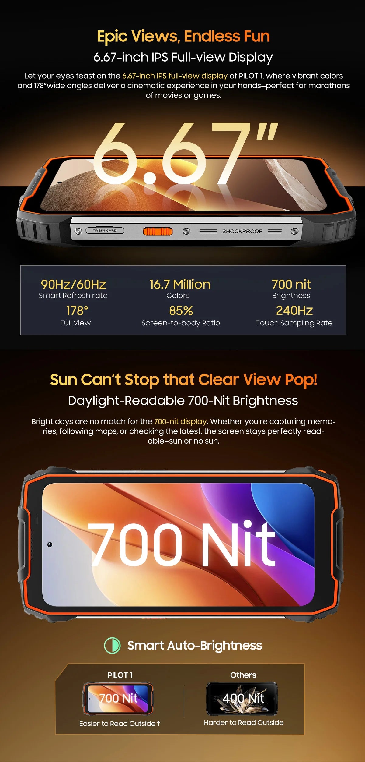 Blackview OSCAL PILOT 1 Rugged Phone 6.67" 90Hz IPS Display 6GB+256GB Android 14 Outdoor Smartphone with LED Flashlight GPS/NPC