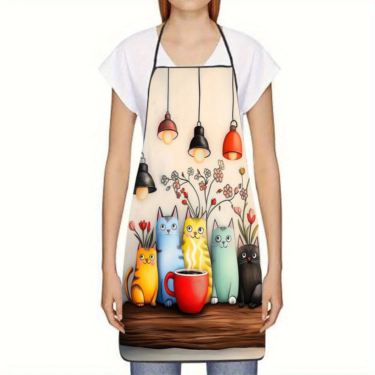 Colorful Cartoon Cats Apron, Cute Cat Group with Coffee Cup Pattern, Kitchen Cooking Bib, Multiple Sizes Available