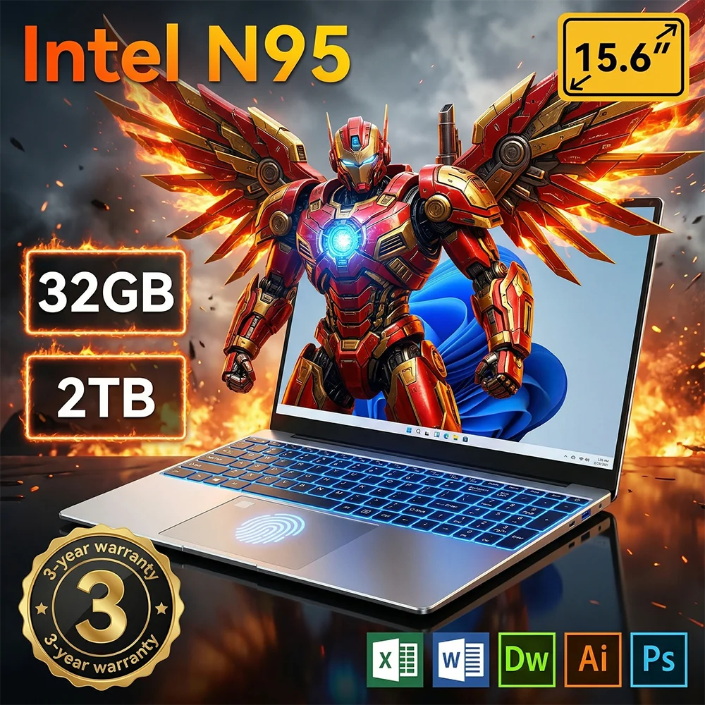 15.6Inch Portable Laptop Intel N95 32GB 2TB Windows11 Office 1080P HD Fingerprint Unlock Laptops Gaming Notebook Computer PC