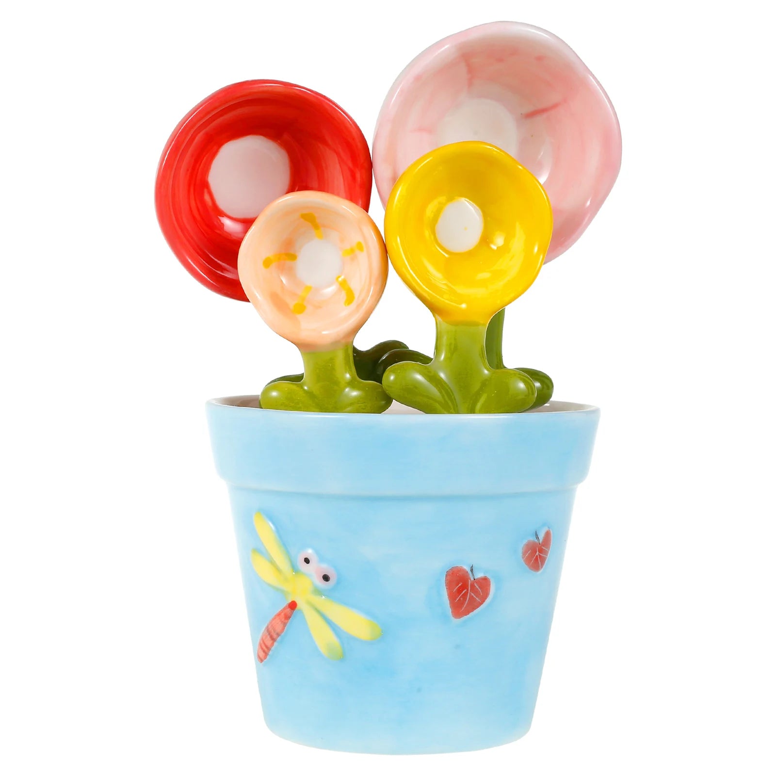 4Pcs Porcelain Measuring Spoons Set with Base Cute Cactus Shape Stirring Soup Spoon Ceramic Flower Pot Measuring Spoon