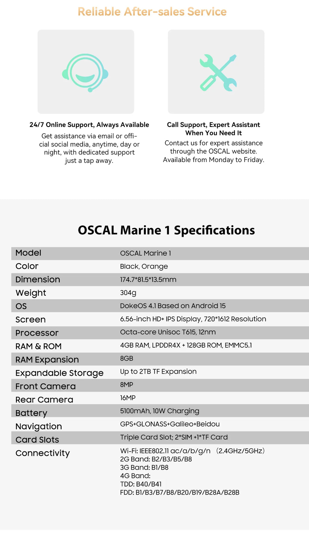 Oscal MARINE 1 Outdoor Smartphone 6.56 inch HD+ Display Unisoc T615 Android 15 Rugged Phone 4GB+128GB, 5100mAh, NFC Mobile Phone