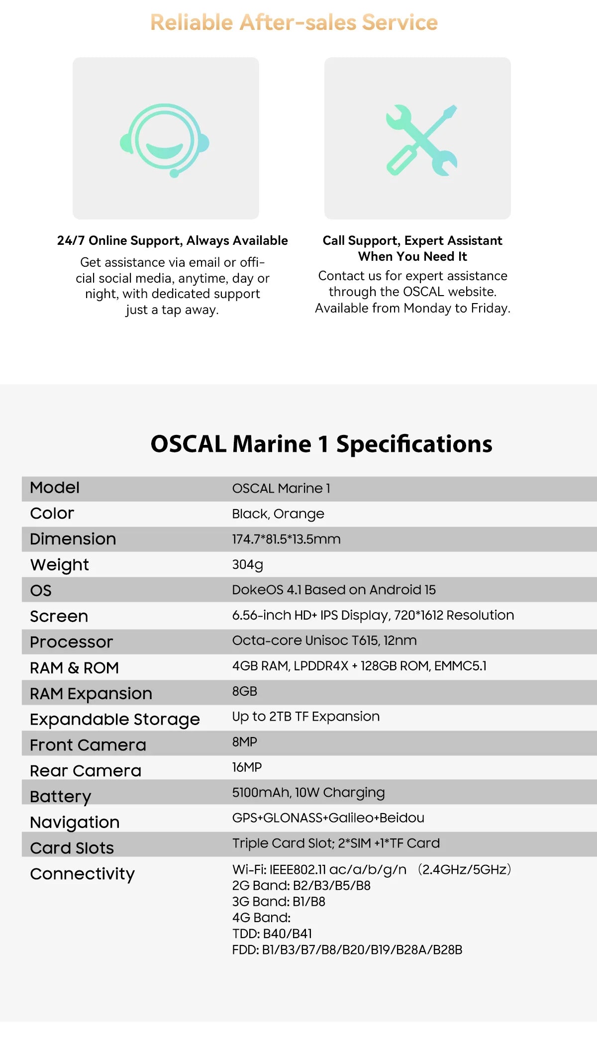 Oscal MARINE 1 Outdoor Smartphone 6.56 inch HD+ Display Unisoc T615 Android 15 Rugged Phone 4GB+128GB, 5100mAh, NFC Mobile Phone